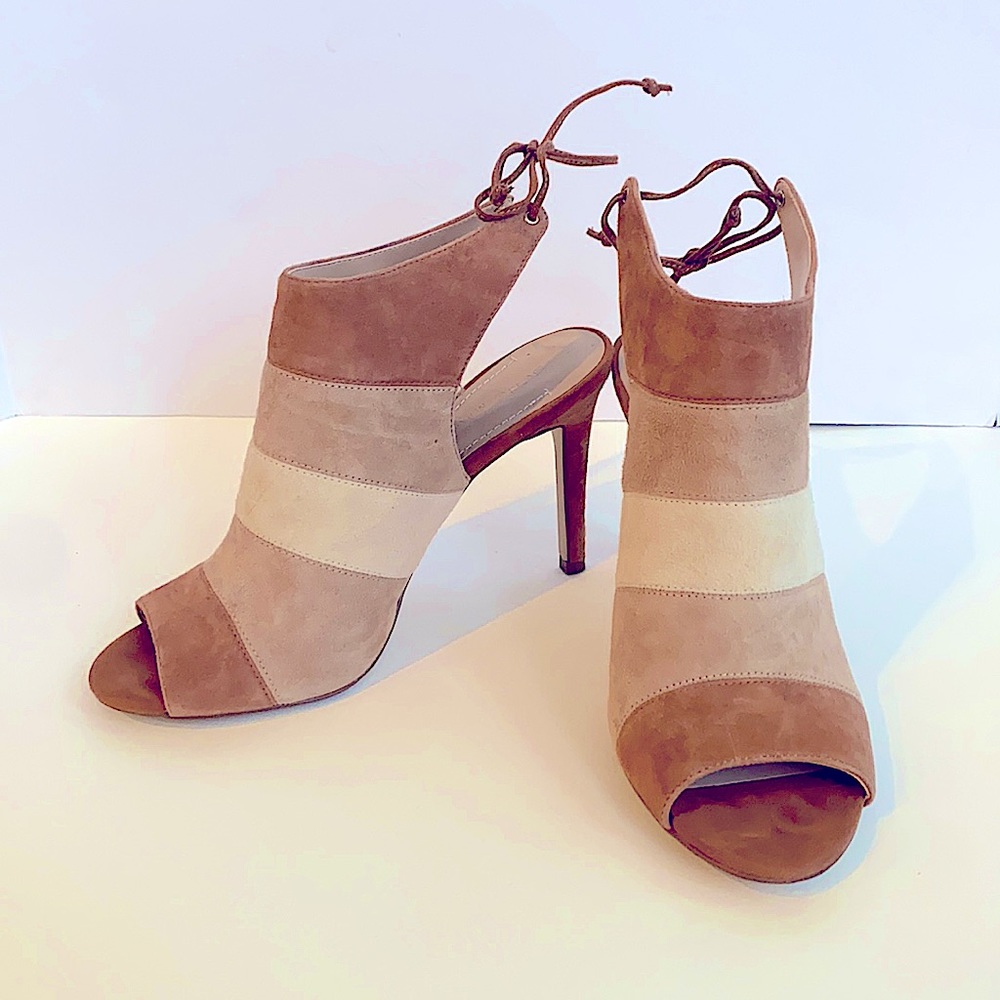 Suede Strappy Peep-Toe High Heel Booties in Taupe and Cream